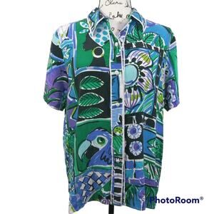 Bob Mackie Vintage Wearable Art Blue Green Print Button Front Artsy Top SZ M
